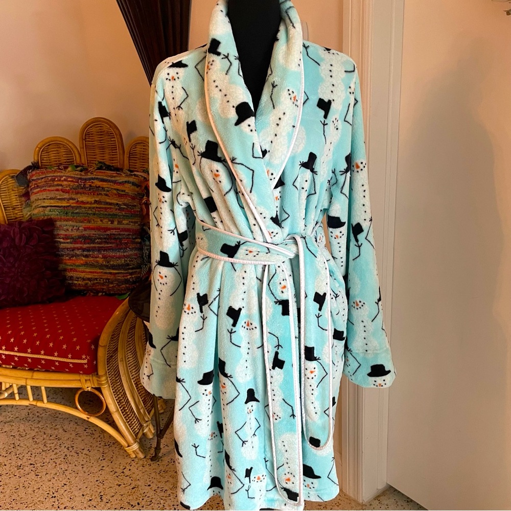 SLEEP SENSE Snowman Fluffy ROBE! Light Turquoise White Snowmen! New! Large